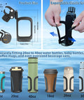Rail Mount Cup Holder For Boats With 360 Degree Rotating Elastic Grip, Tool Free Install, Holds 20-40oz Cups, Fits 7-10cm Diameters, Perfect For Jet Ski PWC Pontoon And Boat Parties, Pack Of 2 - showcasing dimensions and expandable grip with various bottle sizes.