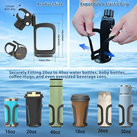 Rail Mount Cup Holder For Boats With 360 Degree Rotating Elastic Grip, Tool Free Install, Holds 20-40oz Cups, Fits 7-10cm Diameters, Perfect For Jet Ski PWC Pontoon And Boat Parties, Pack Of 2 - showcasing dimensions and expandable grip with various bottle sizes.