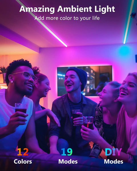 Group of friends enjoying vibrant RGB LED strip lights in a 60-inch setup for party ambience with RF remote control.