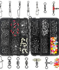 Ultimate Fishing Swivels Kit With Ball Bearing And Rolling Barrel Swivels, Crossline Three Way Swivels, Duo Lock And Coast Lock Snaps, Crane Barrel Options, Pro Grade High Strength Connectors For Bass, Trout, Saltwater And Freshwater. Open fishing swivels kit box with assorted metal snaps and swivels.