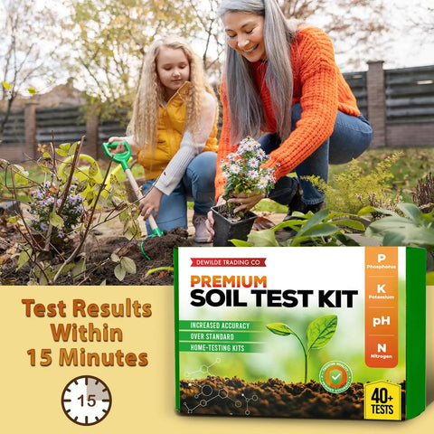 Mother and child gardening with 40 Test Soil Kit For Lawns Gardens And Vegetables With Ammonia Nitrogen pH Phosphorus And Potassium Readings