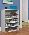 Five Shelf Stackable Shoe Organizer For Closets, White Laminate, Dope Space Saver That Holds Up To Ten Pairs, Stack Two Racks For Custom Closet Storage.