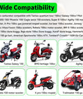 Wide compatibility chart showing various compatible vehicles for GY6 150cc Carburetor Kit Drop In Replacement For 4 Stroke Engines.