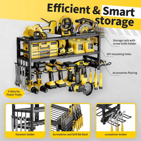 Heavy Duty Wall Mount Power Tool Organizer With Three Layer Storage Rack Nine Drill Holders And Battery Storage That Can Handle Up To 320 Pounds For Your Garage Workshop And Tool Room Gotta Have It with tools displayed