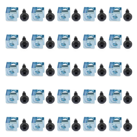 Rock Solid Go To 50 Pack 10 32 Thread Server Rack Screws With Dead Easy Zinc Slide On Cage Nuts For 19 Inch Server Racks And Chassis Enclosures Black And Silver Hardware Kit arranged in rows.
