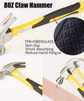 8oz yellow and black claw hammer with TPR fiberglass handle, non-slip grip, and close-up of head nailing wood.