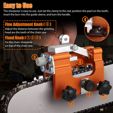 Portable Hand Crank Chainsaw Sharpener Kit With Jig For 8-22 Inch Chainsaws And Electric Saws, illustrated usage instructions