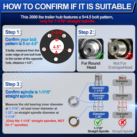 How To Confirm If It Is Suitable for Pair Of Two 2000 Lb Idler Hub Assemblies For Utility Trailers With 5 On 4.5 Bolt Pattern That Swaps Right Onto 1 1/16 Inch Straight Spindles Built Serious For Rough Roads