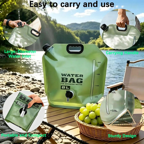 Heavy Duty Portable Camping Water Bag With Spigot For Outdoor Drinking, 8L, green, on a table by a lake with features highlighted