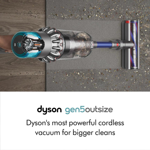 Gen5 Outsize Cordless Vacuum With 250AW Suction cleaning carpet revealing dust with LED illumination and XL bin