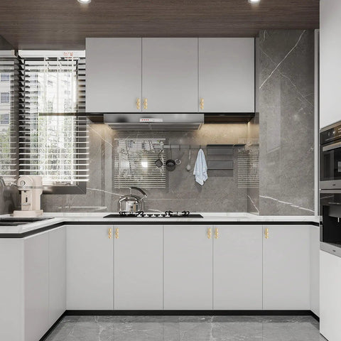 Modern kitchen with Dope 10 Pack Brushed Brass Cabinet Knobs For Kitchen Cabinets And Dressers installed on white cabinets.