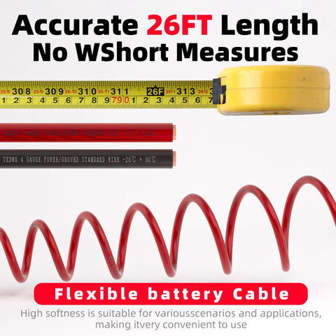 4 Gauge CCA Battery Cable Set, 26ft Red And 26ft Black With Cable Sleeves, Dual Automotive Power Ground And Car Audio Extension Cord