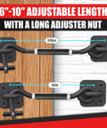 Adjustable 6 To 10 Inch Cabin Hook Eye Latch Gate With Heavy Duty 4 Point Bracket shown on wood and brick surfaces