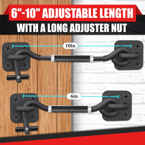 Adjustable 6 To 10 Inch Cabin Hook Eye Latch Gate With Heavy Duty 4 Point Bracket shown on wood and brick surfaces