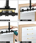 Tough Aluminum Cabinet Hardware Jig With 16 Inch Adjustable Slide Rail For Dead On Knobs Handles Layout Zero Guesswork Quick Diy Woodworking Drill Template Guide in use, showing steps for drilling cabinet handles.