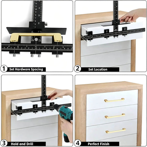 Tough Aluminum Cabinet Hardware Jig With 16 Inch Adjustable Slide Rail For Dead On Knobs Handles Layout Zero Guesswork Quick Diy Woodworking Drill Template Guide in use, showing steps for drilling cabinet handles.