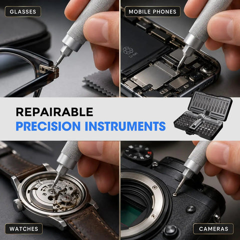 Using Magnetic Ratchet Screwdriver Set With T Handle to repair glasses, phones, watches, and cameras, 64 In 1 Kit included.