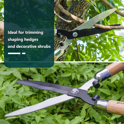 Heavy Duty Garden Hedge Shears 19.88 Inch Reach With Wooden Handles And Pro-Grade Carbon Steel Blades For Pruning Borders And Bushes
