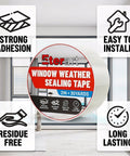 Heavy Duty Weatherproof Seal Tape 2 Inch By 30 Yards Blocks Drafts And Rain Leaks With Waterproof Adhesive No Residue Weather Stripping For RVs Windows Doors And Renters product packaging showing strong adhesion, easy installation, residue free, long lasting features