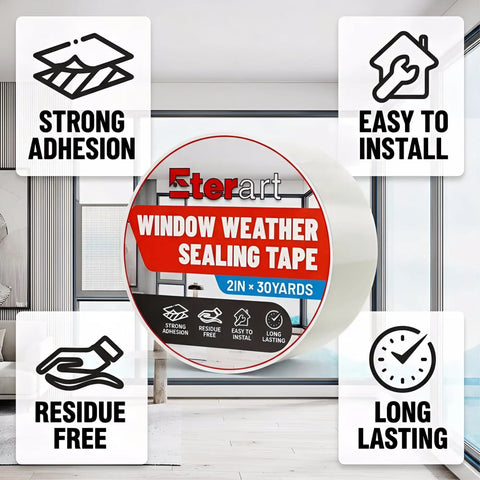 Heavy Duty Weatherproof Seal Tape 2 Inch By 30 Yards Blocks Drafts And Rain Leaks With Waterproof Adhesive No Residue Weather Stripping For RVs Windows Doors And Renters product packaging showing strong adhesion, easy installation, residue free, long lasting features