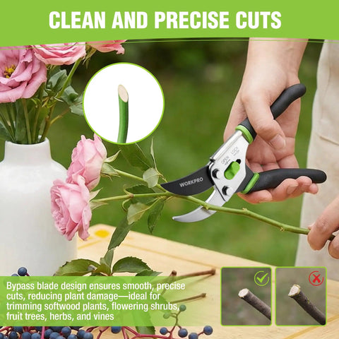 Person using Bypass Pruning Shears 8.5 Inch With Non Slip Grip Handle to trim roses, demonstrating clean cuts.