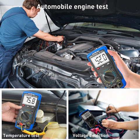 Mechanic using Garage Ready Automotive Engine Analyzer Multimeter With NCV during engine voltage and temperature test.