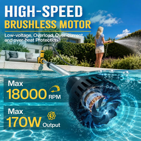 Heavy Duty Cordless Stick Water Transfer Pump With Brushless Motor Delivering 740 GPH Flow Rate And A 33 Foot Max Lift shown submerged in water with motor details.