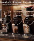 Talia Electric Coffee Grinder With 48Mm Titanium Plated Conical Burrs for Uniform Grinds showing portafilter holder, grounds cup, and air blower.