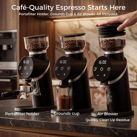Talia Electric Coffee Grinder With 48Mm Titanium Plated Conical Burrs for Uniform Grinds showing portafilter holder, grounds cup, and air blower.