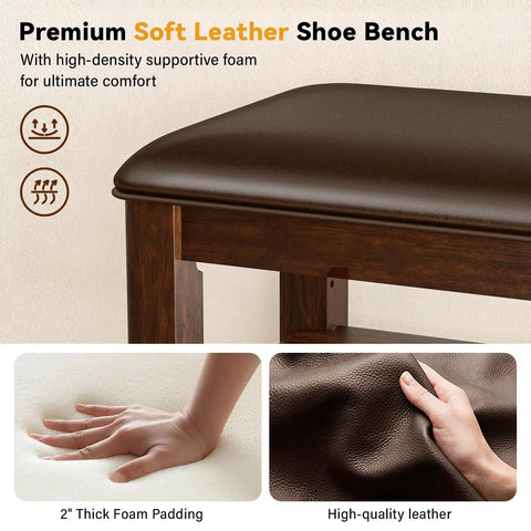 Durable Rubberwood Shoe Bench With Leather Cushion for Entryway and Mudroom showcasing soft leather top and foam padding.