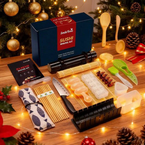 28 In 1 Sushi Making Kit With Roller And Bamboo Mats Bazooka Nigiri Gunkan Molds Musubi Maker Rice Ball Mold And More displayed