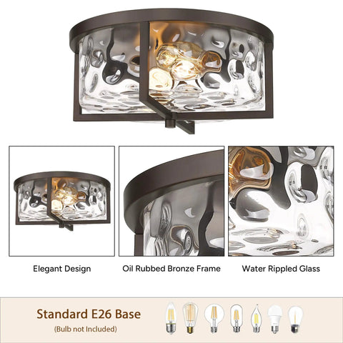 13 Inch Hammered Glass Flush Mount Ceiling Light In Dark Bronze Finish For Kitchen Dining And Hallway, close-up view