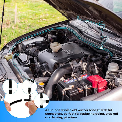 Universal Windshield Washer Hose Repair Kit 13 Ft Flexible Washer Fluid Hose With 12 Connectors installed in car engine