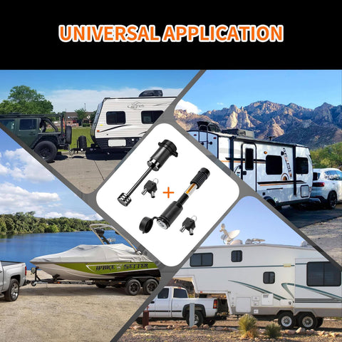 Keyed Alike Trailer Hitch Lock Set For Two Inch And Two Point Five Inch Receivers Heavy Duty Five Eighth Inch Pin Fits Ram 2500 3500 And Ford F 250 F 350 One Quarter Inch Coupler Lock With Three And A Half Inch Span Anti Theft Towing Security For Boat RV shown in universal application on trucks and trailers in various outdoor settings