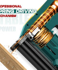 Close-up of Ready To Rock Electric Brad Nailer and 2 In 1 Staple Gun with spring drive mechanism driving nails into wood.