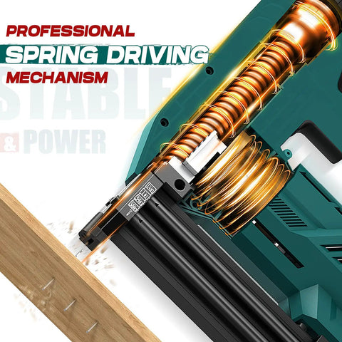 Close-up of Ready To Rock Electric Brad Nailer and 2 In 1 Staple Gun with spring drive mechanism driving nails into wood.