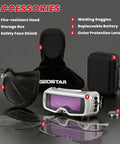 Auto Darkening Welding Goggles With True Color Vision Adjustable Shade 4/5-9/9-13 Protective Glasses And Mask showing accessories.