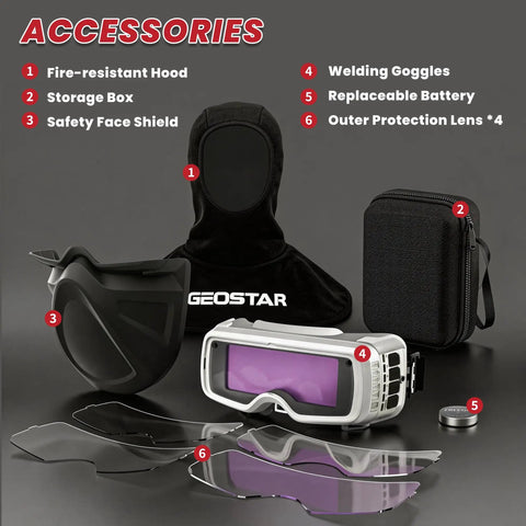 Auto Darkening Welding Goggles With True Color Vision Adjustable Shade 4/5-9/9-13 Protective Glasses And Mask showing accessories.