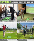 All-In-One Golf Hitting Mats Trainer in various settings: office, living room, golf course, and courtyard with portable setup.