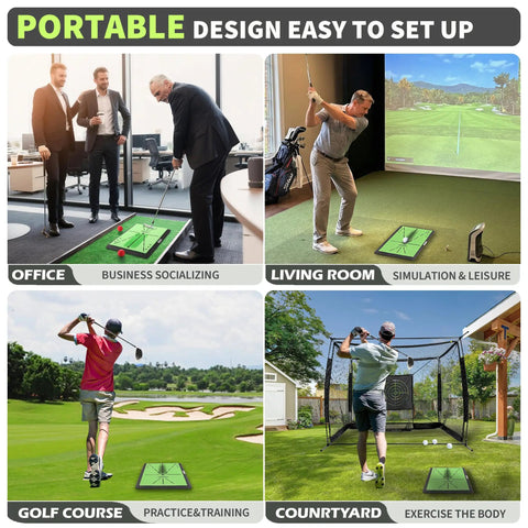 All-In-One Golf Hitting Mats Trainer in various settings: office, living room, golf course, and courtyard with portable setup.