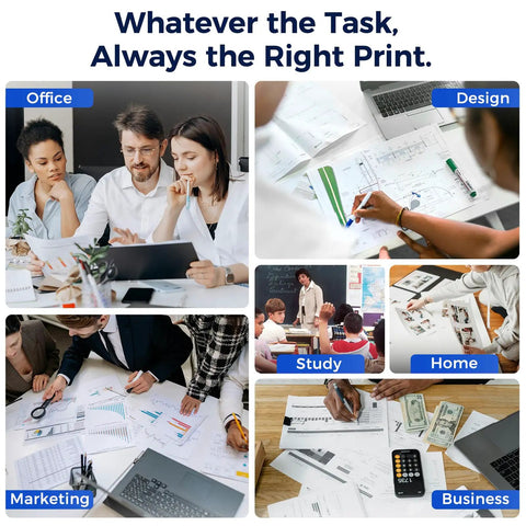 Collage depicting office, design, marketing, study, home, and business activities.