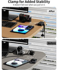 Before and after of No Fuss 8 In 1 Desk Clamp Power Strip With 4 Outlets And 4 USB Ports mounted on desk edge
