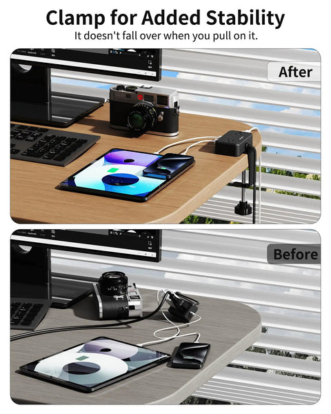 Before and after of No Fuss 8 In 1 Desk Clamp Power Strip With 4 Outlets And 4 USB Ports mounted on desk edge