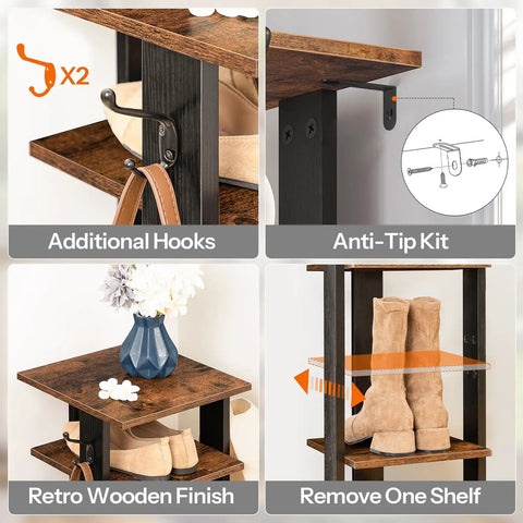 8-Tier Vertical Wooden Shoe Rack With Hooks Space Saving Narrow Shoe Tower With Hooks and Anti-Tip Kit in Rustic Brown