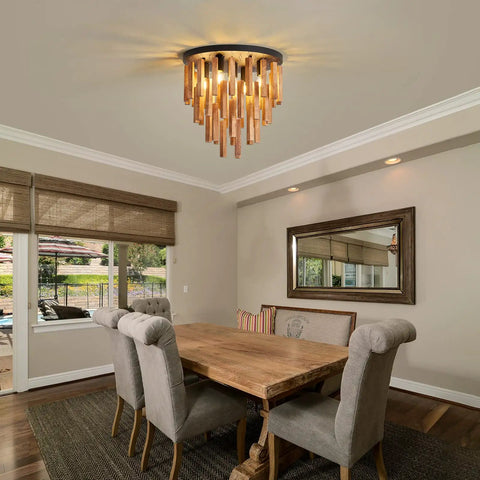 5 Light Rustic Oak And Black Semi Flush Mount Ceiling Fixture With E26 Base in dining room, vintage chandelier style