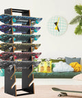 Wooden Skateboard Rack Floor Stand 8 Layer Display Organizer for storage in living room with decks displayed.
