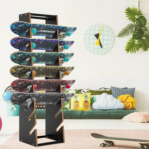 Wooden Skateboard Rack Floor Stand 8 Layer Display Organizer for storage in living room with decks displayed.