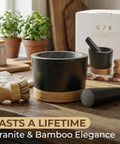 Image of Mortar And Pestle Set Heavy Duty Granite Stone Grinder with Stable Bamboo Base, Extra Long Pestle, and Cleaning Brush.