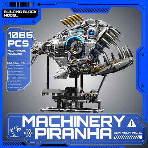 Side view of Myth Qholve Mechanical Piranha Building Block Kit With Hand Crank Gear System Multi Joint Motion Toy.