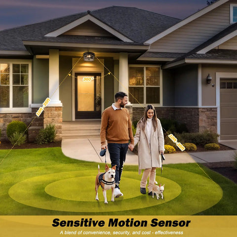 Kickass Motion Sensor Outdoor Ceiling Light Black Flush Mount shown installed at entryway with detection range indicators.